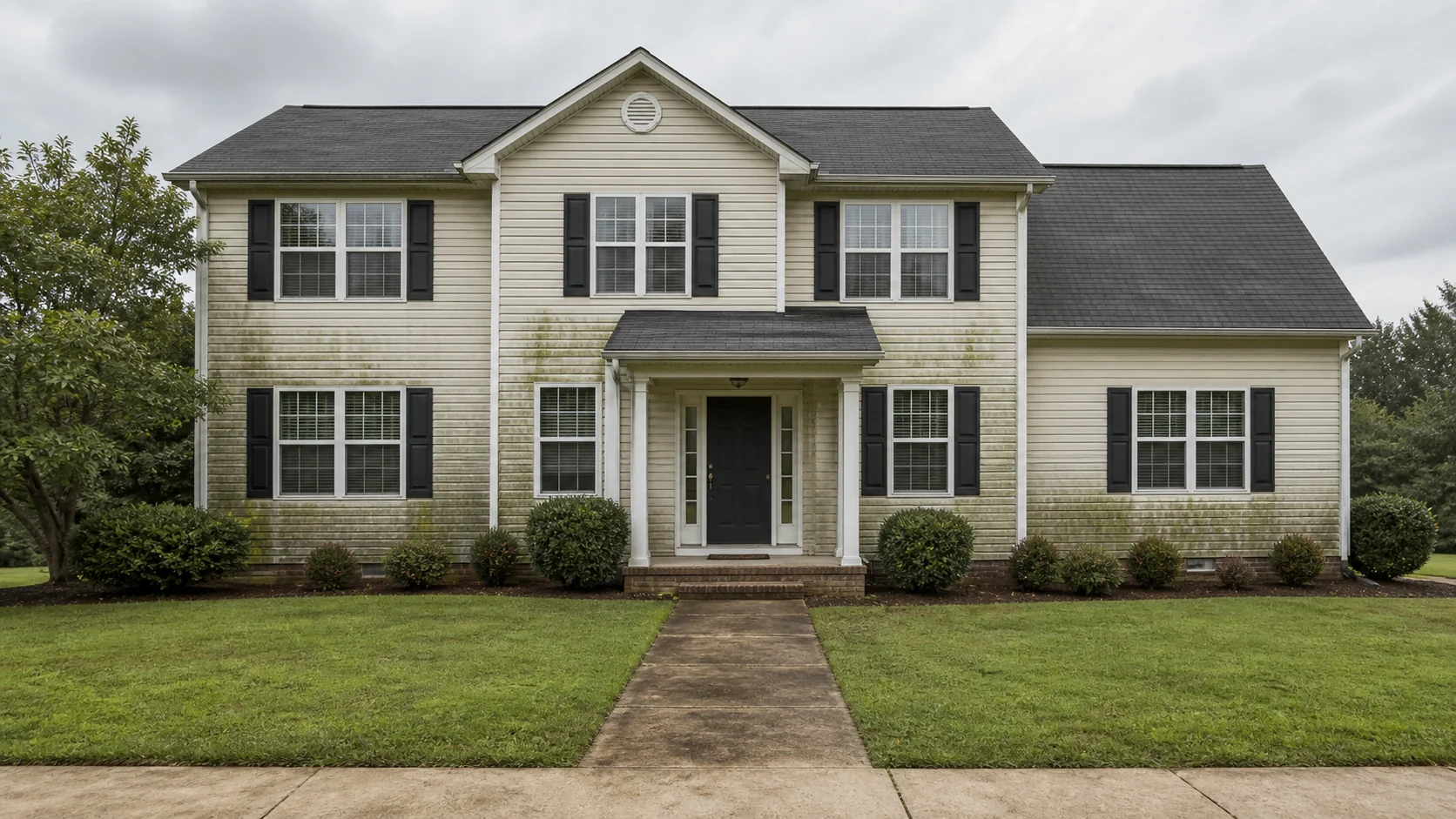 Illustrative house exterior before cleaning with algae-stained siding and concrete